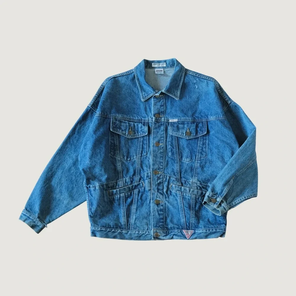 Guess Denim Jacket Mens Blue Distressed 90s Streetwear Size M Trucker Jacket